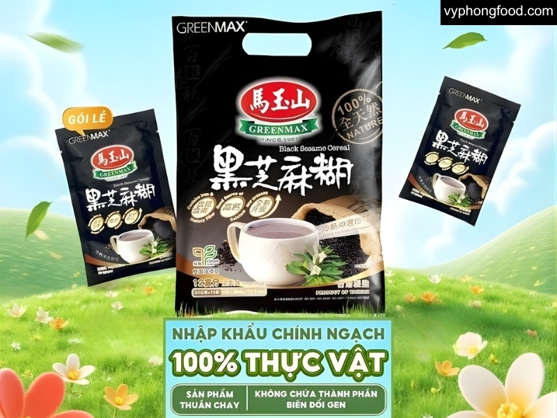 Hình ly bột ngũ cốc dinh dưỡng cho người ăn chay Greenmax, giàu đạm thực vật và chất xơ; phù hợp vegan, lacto-ovo, macrobiotic; pha nhanh 1–2 phút, đủ chất cho bữa sáng/bữa phụ.