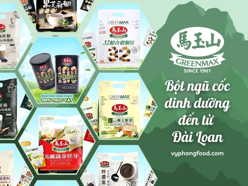 Hình ly bột ngũ cốc dinh dưỡng cho người ăn chay Greenmax, giàu đạm thực vật và chất xơ; phù hợp vegan, lacto-ovo, macrobiotic; pha nhanh 1–2 phút, đủ chất cho bữa sáng/bữa phụ.