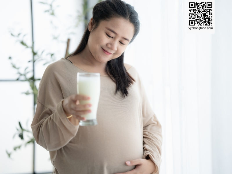 Young pregnant woman reading a book about “can pregnant women drink multi grains cereal”, Greenmax multi grains cereal branding visible, vyphongfood.com credit.