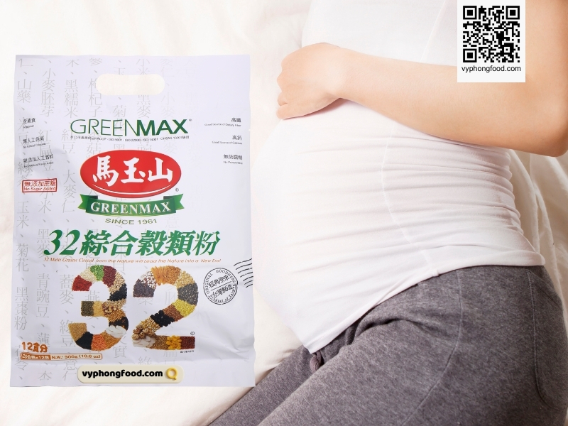 Young pregnant woman reading a book about “can pregnant women drink multi grains cereal”, Greenmax multi grains cereal branding visible, vyphongfood.com credit.