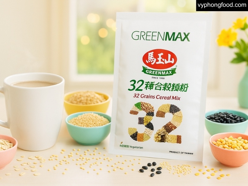 Ly bột ngũ cốc dinh dưỡng GREENMAX Đài Loan pha nóng đặt trên bàn bếp sạch, bên cạnh bát hạt đậu nành, quinoa và hạt chia; ánh sáng tự nhiên; gợi ý bữa sáng thuần chay giàu chất xơ và protein.