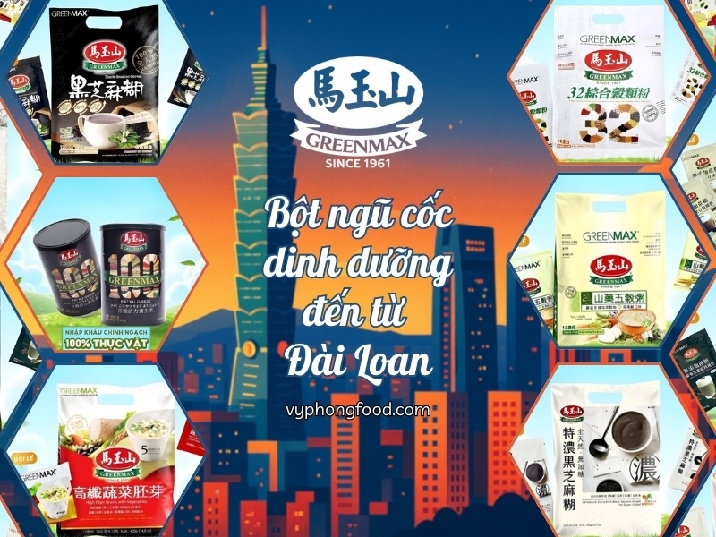 Ly bột ngũ cốc dinh dưỡng GREENMAX Đài Loan pha nóng đặt trên bàn bếp sạch, bên cạnh bát hạt đậu nành, quinoa và hạt chia; ánh sáng tự nhiên; gợi ý bữa sáng thuần chay giàu chất xơ và protein.