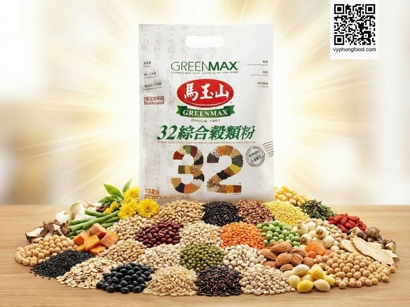 Túi Bột ngũ cốc dinh dưỡng không đường từ 32 loại hạt Greenmax Đài Loan đặt trong khung cảnh thiên nhiên - Minh họa cho giải pháp bột ngũ cốc ăn kiêng dành cho người tiểu đường an toàn và tự nhiên.