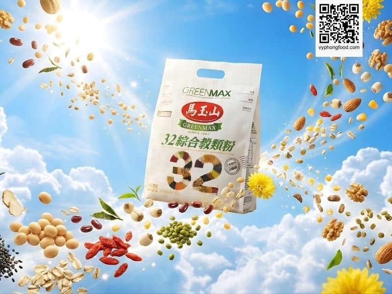 Túi Bột ngũ cốc dinh dưỡng không đường từ 32 loại hạt Greenmax Đài Loan đặt trong khung cảnh thiên nhiên - Minh họa cho giải pháp bột ngũ cốc ăn kiêng dành cho người tiểu đường an toàn và tự nhiên.