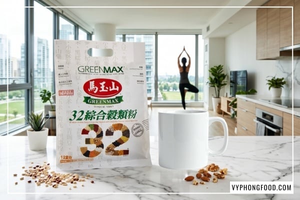 Hình ảnh sản phẩm bột ngũ cốc dinh dưỡng Đài Loan Greenmax kết hợp 32 loại hạt và thảo dược quý như kỷ tử, phục linh, đậu đen xanh lòng.
