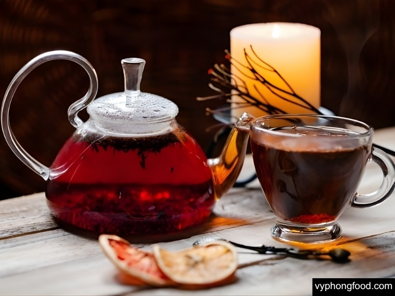 Steaming cup of South African rooibos tea with autumn leaves—caffeine-free herbal drink for fall wellness, better sleep and stress relief; African Dawn teabags.