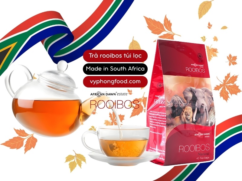 Steaming cup of South African rooibos tea with autumn leaves—caffeine-free herbal drink for fall wellness, better sleep and stress relief; African Dawn teabags.