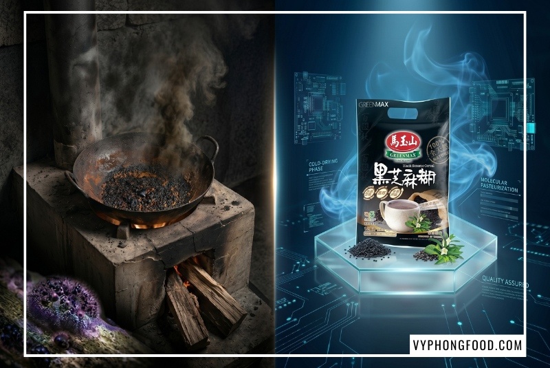 Officially imported bag of Black Sesame Cereal Greenmax Taiwan by Vy Phong Food showcasing natural benefits of black sesame powder and how to use black sesame powder for postpartum lactation and blood enrichment.