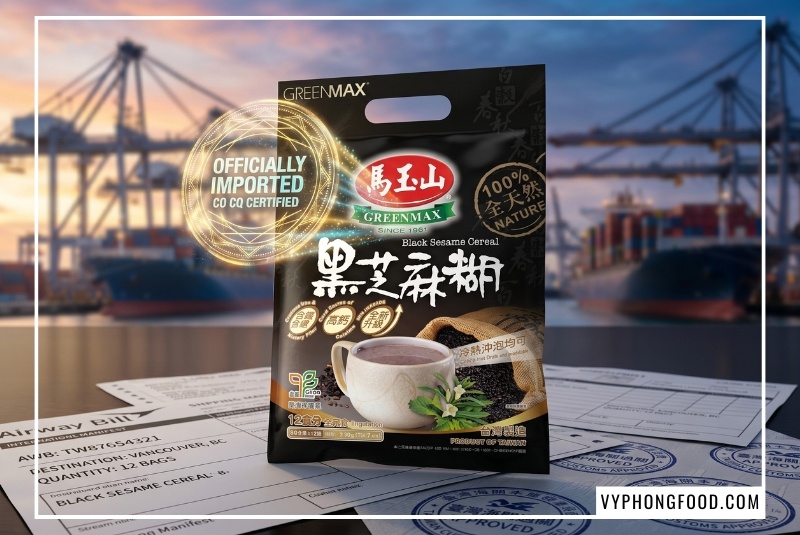 Officially imported bag of Black Sesame Cereal Greenmax Taiwan by Vy Phong Food showcasing natural benefits of black sesame powder and how to use black sesame powder for postpartum lactation and blood enrichment.