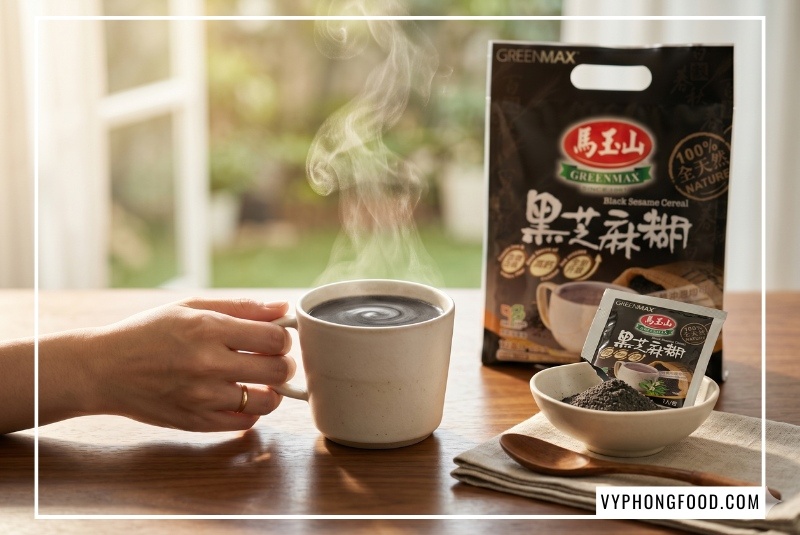 Officially imported bag of Black Sesame Cereal Greenmax Taiwan by Vy Phong Food showcasing natural benefits of black sesame powder and how to use black sesame powder for postpartum lactation and blood enrichment.