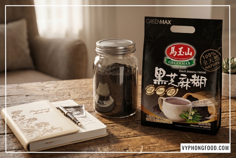 Hình ảnh bột mè đen cho mẹ bầu hỗ trợ bổ máu và ngừa táo bón từ bột ngũ cốc dinh dưỡng không đường từ mè đen và các loại hạt ngũ cốc thương hiệu Greenmax Đài Loan.