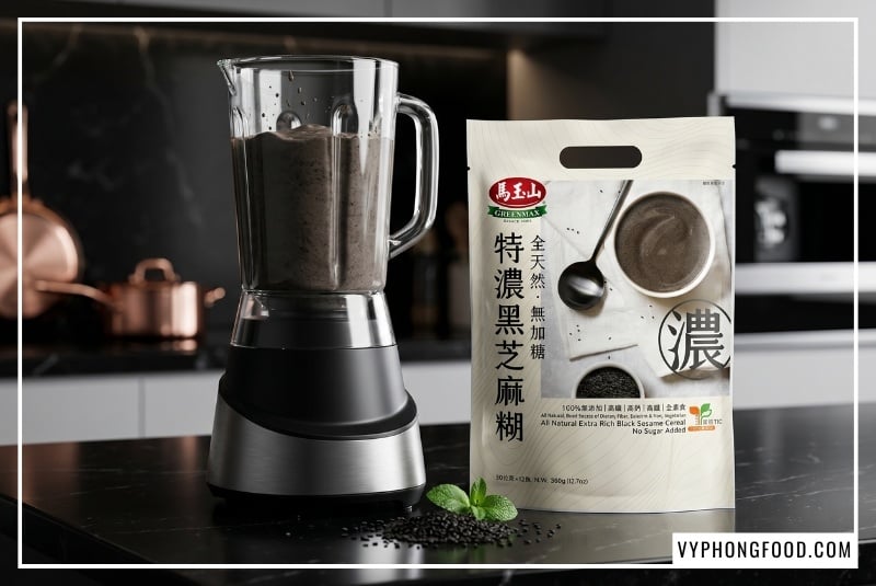 Hình ảnh ly sinh tố hấp dẫn minh họa cho cách dùng bột mè đen kết hợp với chuối, bơ và sữa chua Hy Lạp. Đây là giải pháp hoàn hảo phát huy công dụng của bột mè đen, tạo ra thức uống ngũ cốc dinh dưỡng lợi sữa và ngũ cốc phục hồi sức khỏe sau sinh an toàn. Kèm theo là hình ảnh bao bì bột ngũ cốc dinh dưỡng Greenmax chính hãng.