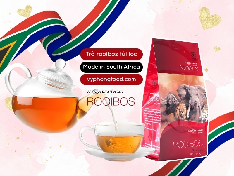 A warm cup of South African rooibos tea styled with heritage tea-gathering elements, highlighting caffeine-free, antioxidant benefits and African Dawn teabags for modern wellness and better sleep.