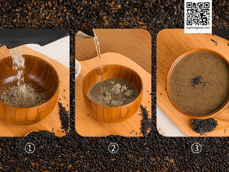 Black sesame and mixed grains cereal Greenmax Taiwan sachets on a table with natural grains around them, showing a convenient nutritious multigrain drink for modern healthy meals and weight management.