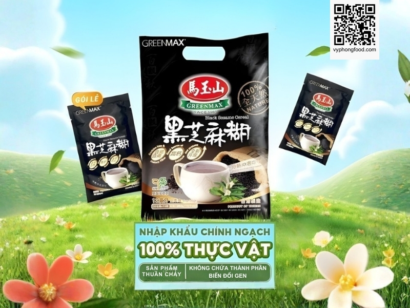 Black sesame and mixed grains cereal Greenmax Taiwan sachets on a table with natural grains around them, showing a convenient nutritious multigrain drink for modern healthy meals and weight management.