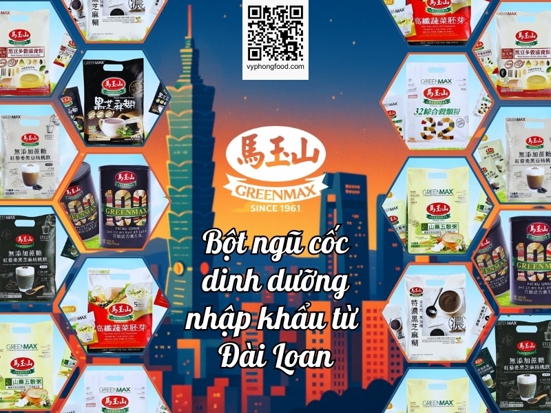 Black sesame and mixed grains cereal Greenmax Taiwan sachets on a table with natural grains around them, showing a convenient nutritious multigrain drink for modern healthy meals and weight management.