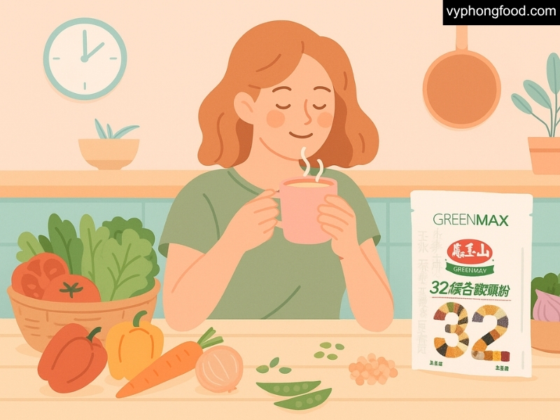 Ảnh minh họa ly bột ngũ cốc dinh dưỡng GREENMAX Đài Loan dành cho người ăn chay, phối trộn nhiều loại hạt và ngũ cốc nguyên cám, giúp bữa chay đủ đạm, đủ chất xơ, an toàn, nhập khẩu chính ngạch từ vyphongfood.com.