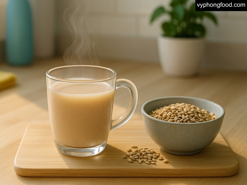 Ly bột ngũ cốc dinh dưỡng GREENMAX Đài Loan pha nóng trên bàn bếp sạch, cạnh bát hạt ngũ cốc.