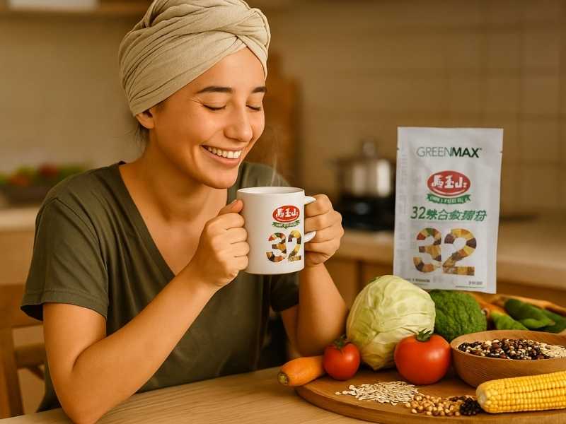 Ảnh minh họa ly bột ngũ cốc dinh dưỡng GREENMAX Đài Loan dành cho người ăn chay, phối trộn nhiều loại hạt và ngũ cốc nguyên cám, giúp bữa chay đủ đạm, đủ chất xơ, an toàn, nhập khẩu chính ngạch từ vyphongfood.com.