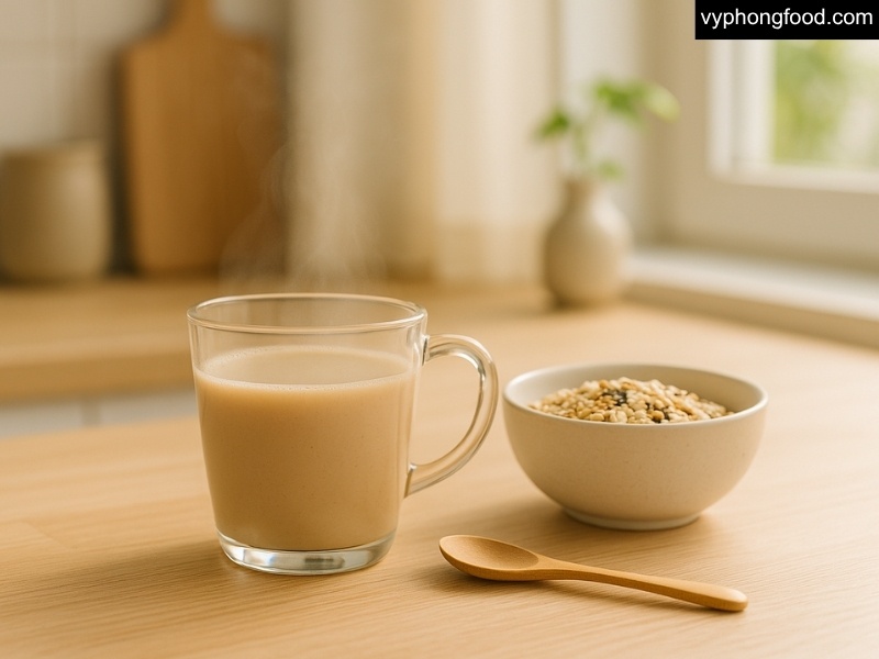 Ly bột ngũ cốc dinh dưỡng GREENMAX Đài Loan pha nóng trên bàn bếp sạch, cạnh bát hạt ngũ cốc.