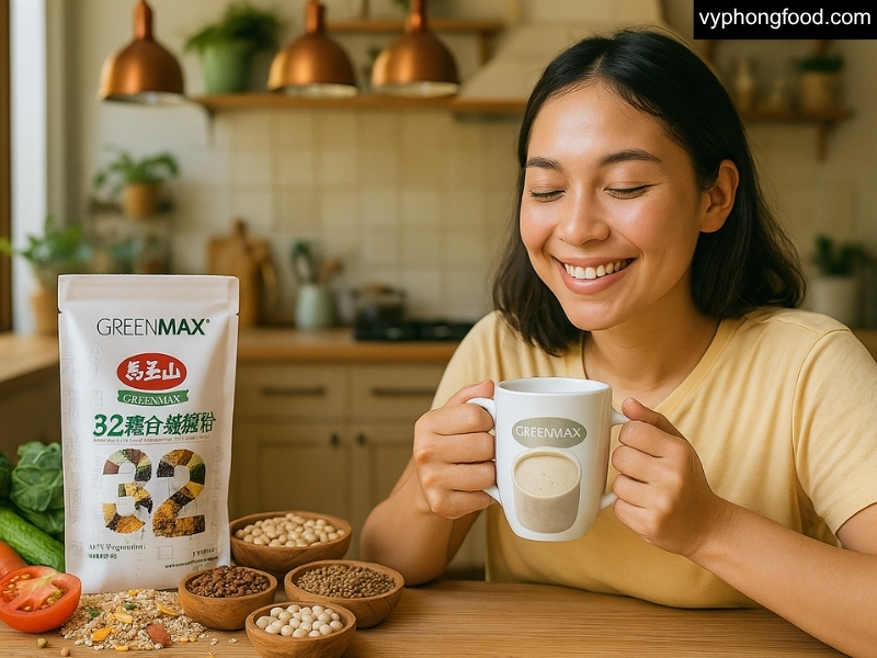 Ảnh minh họa ly bột ngũ cốc dinh dưỡng GREENMAX Đài Loan dành cho người ăn chay, phối trộn nhiều loại hạt và ngũ cốc nguyên cám, giúp bữa chay đủ đạm, đủ chất xơ, an toàn, nhập khẩu chính ngạch từ vyphongfood.com.