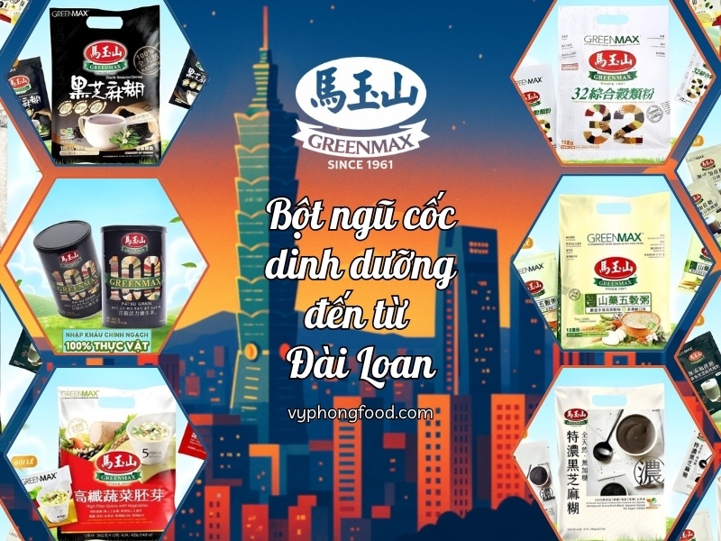 Ly bột ngũ cốc dinh dưỡng GREENMAX Đài Loan pha nóng trên bàn bếp sạch, cạnh bát hạt ngũ cốc.