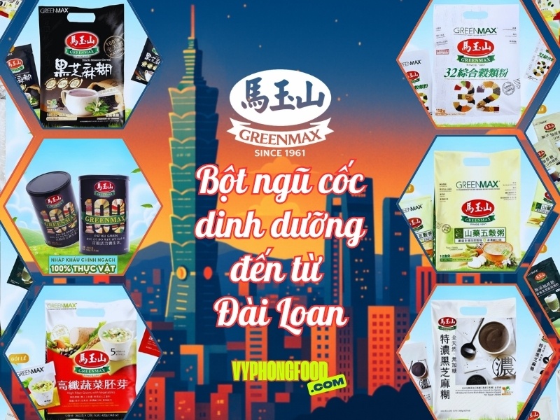 Ảnh minh họa ly bột ngũ cốc dinh dưỡng GREENMAX Đài Loan dành cho người ăn chay, phối trộn nhiều loại hạt và ngũ cốc nguyên cám, giúp bữa chay đủ đạm, đủ chất xơ, an toàn, nhập khẩu chính ngạch từ vyphongfood.com.