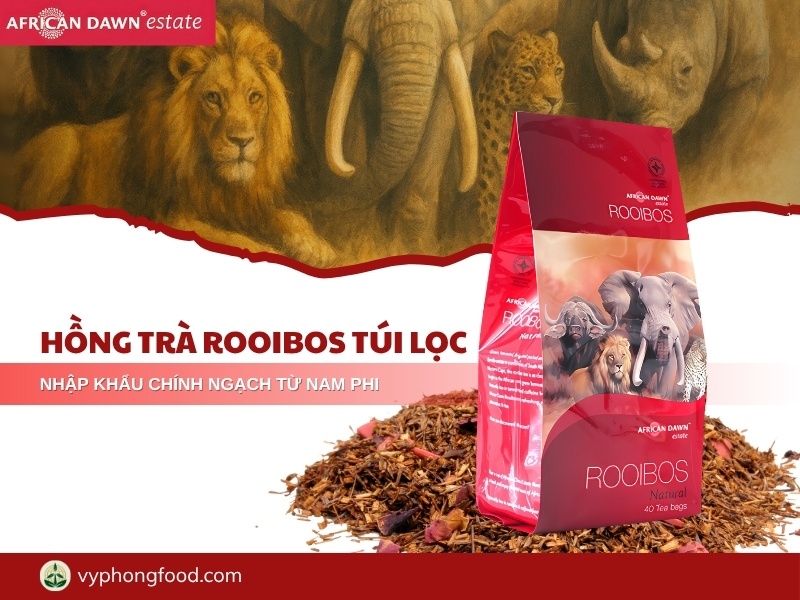 Ảnh minh họa Hồng trà rooibos Nam Phi bản địa vùng Cederberg, không caffeine, ít tannin, đạt PDO EU; phù hợp uống sáng–tối và pha dạng trà thảo mộc túi lọc.