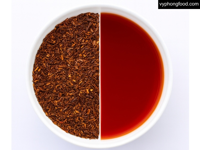 Ly hồng trà rooibos (Red Bush) Nam Phi cùng lá trà khô từ dãy núi Cederberg, minh họa loại trà thảo mộc không caffeine, ít tanin - nguồn gốc, cách làm và hương vị.