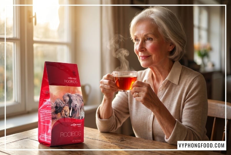Hình ảnh ly trà rooibos Nam Phi thương hiệu African Dawn nóng hổi, minh họa cho khả năng chống lão hóa, dọn dẹp gốc tự do và bảo vệ màng tế bào thần kinh giúp phòng ngừa Alzheimer ở người lớn tuổi.
