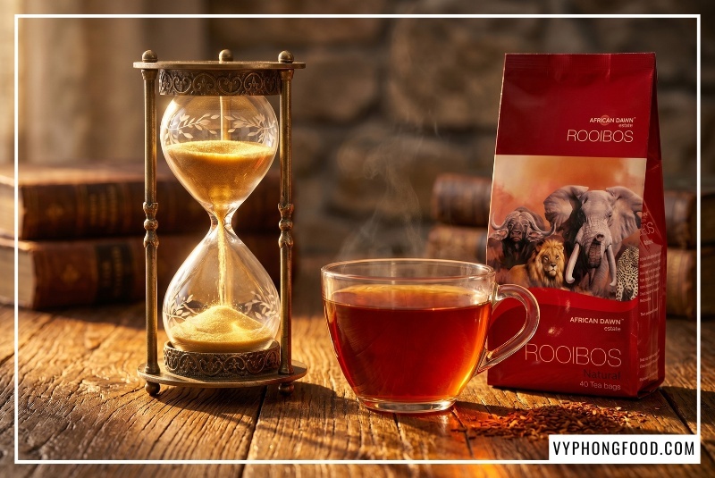 Hình ảnh ly trà rooibos Nam Phi thương hiệu African Dawn nóng hổi, minh họa cho khả năng chống lão hóa, dọn dẹp gốc tự do và bảo vệ màng tế bào thần kinh giúp phòng ngừa Alzheimer ở người lớn tuổi.