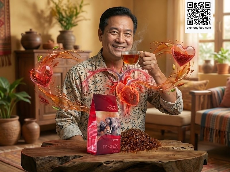 Hộp Hồng trà Rooibos Nam Phi African Dawn dạng túi lọc trên nền vùng núi Cederberg, minh họa công dụng của trà thảo mộc giúp bảo vệ tim mạch, giảm căng thẳng và ngủ ngon.