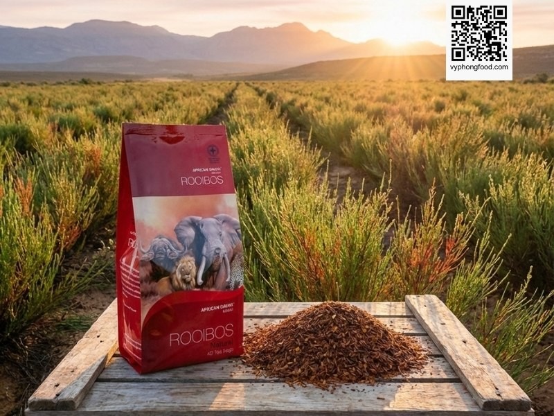 Hộp Hồng trà Rooibos Nam Phi African Dawn dạng túi lọc trên nền vùng núi Cederberg, minh họa công dụng của trà thảo mộc giúp bảo vệ tim mạch, giảm căng thẳng và ngủ ngon.