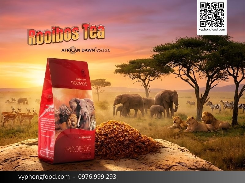 Hộp Hồng trà Rooibos Nam Phi African Dawn dạng túi lọc trên nền vùng núi Cederberg, minh họa công dụng của trà thảo mộc giúp bảo vệ tim mạch, giảm căng thẳng và ngủ ngon.