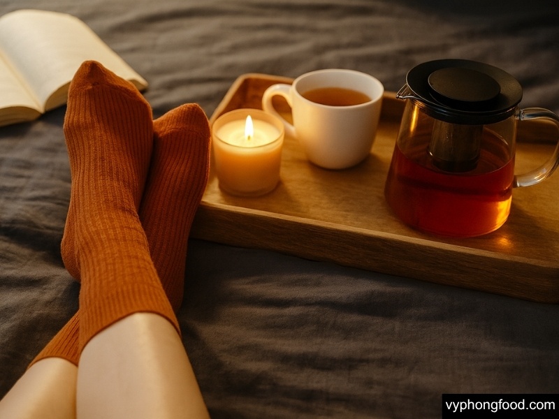 Cup of South African Rooibos tea beside a cozy winter setting—caffeine-free, antioxidant-rich herbal drink that soothes, warms, and supports relaxation for better sleep; ideal bedtime routine in convenient African Dawn teabags.