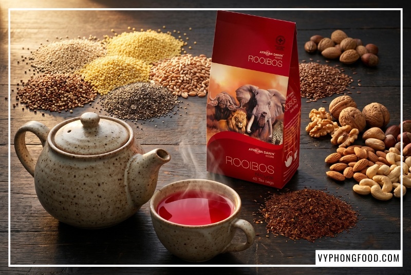 Tách trà rooibos Nam Phi African Dawn nguyên chất giúp giải phóng hoạt chất Aspalathin độc quyền, hỗ trợ kiểm soát đường huyết tự nhiên sau ăn và giảm viêm tế bào cho người bệnh tiểu đường tuýp 2, nhập khẩu chính ngạch tại VIệt Nam.