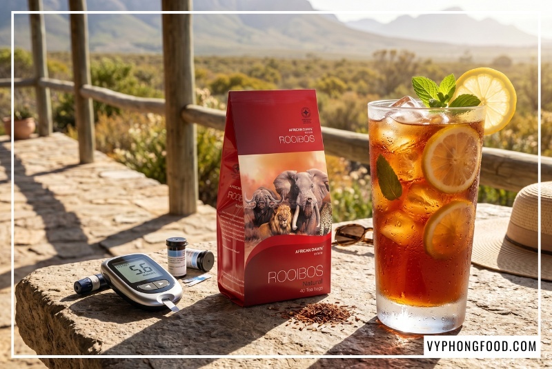 Tách trà rooibos Nam Phi African Dawn nguyên chất giúp giải phóng hoạt chất Aspalathin độc quyền, hỗ trợ kiểm soát đường huyết tự nhiên sau ăn và giảm viêm tế bào cho người bệnh tiểu đường tuýp 2, nhập khẩu chính ngạch tại VIệt Nam.