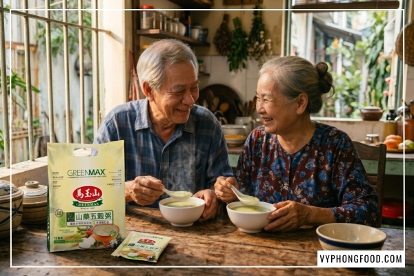 Sản phẩm cháo ngũ cốc dinh dưỡng cho người già Greenmax Đài Loan thơm ngon, mịn mượt, hỗ trợ tiêu hóa và cung cấp dinh dưỡng từ nhiều loại hạt ngũ cốc tự nhiên.