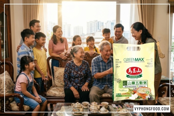 Sản phẩm cháo ngũ cốc dinh dưỡng cho người già Greenmax Đài Loan thơm ngon, mịn mượt, hỗ trợ tiêu hóa và cung cấp dinh dưỡng từ nhiều loại hạt ngũ cốc tự nhiên.