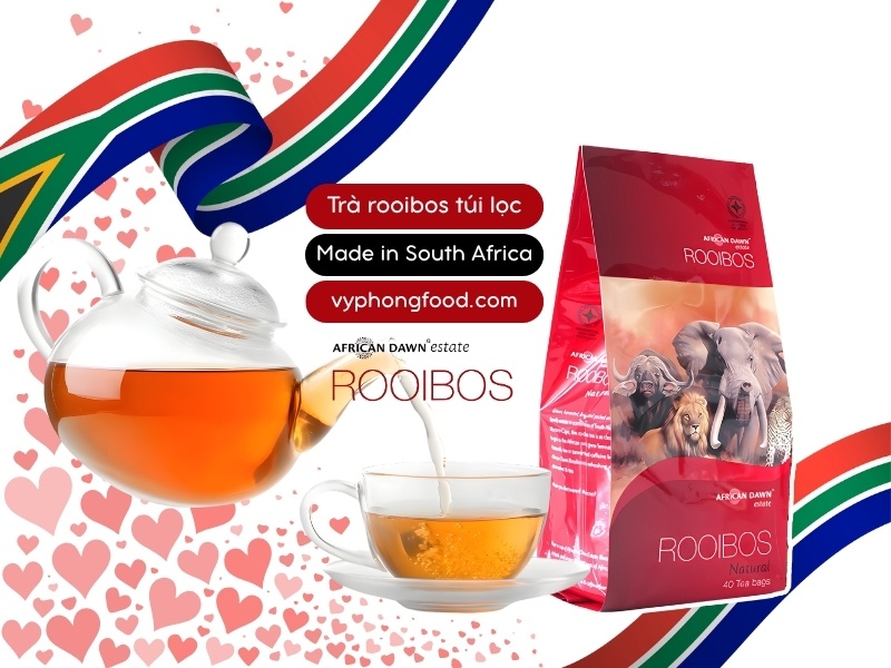 Couple enjoying South African rooibos tea on Valentine’s night—caffeine-free herbal drink that supports better sleep and wellness; African Dawn teabags.