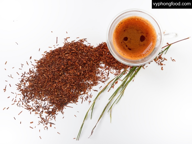 Cup of South African rooibos tea showing a smooth, naturally sweet, slightly nutty and malty flavor with warm woody aroma; low tannin, caffeine-free, and ideal for hot or iced brewing.