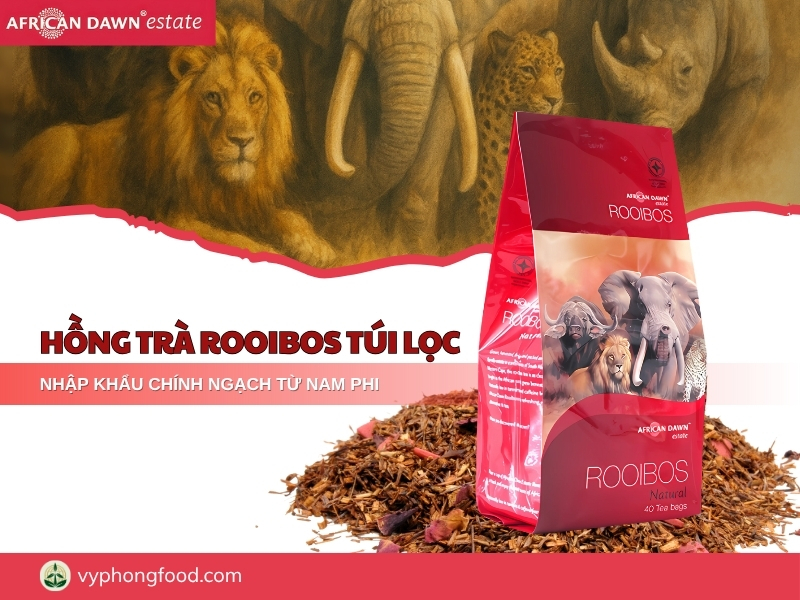 Cup of South African rooibos tea showing a smooth, naturally sweet, slightly nutty and malty flavor with warm woody aroma; low tannin, caffeine-free, and ideal for hot or iced brewing.