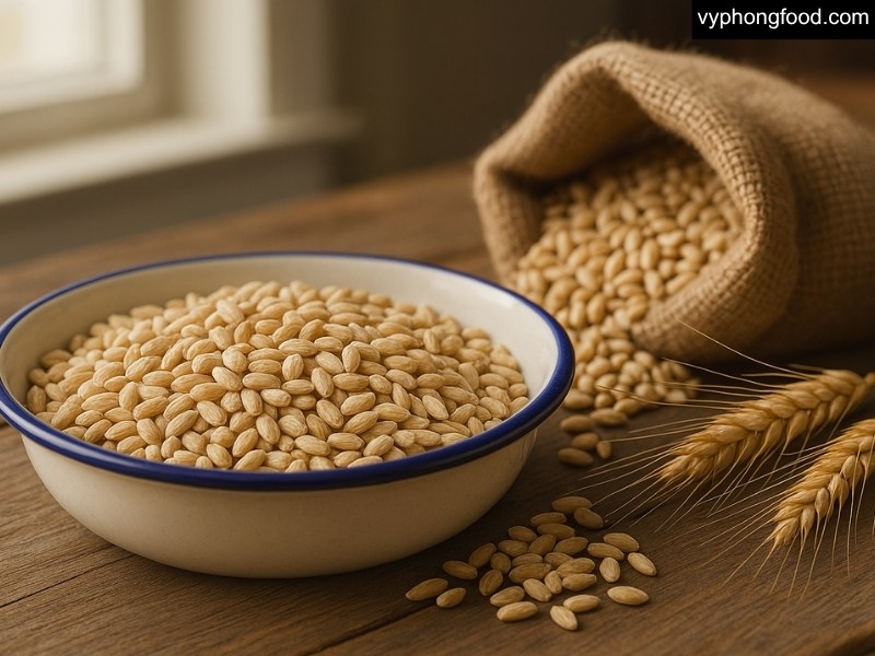 Four whole grains - oats, barley, brown rice, buckwheat - on a table; foods shown to help lower cholesterol and blood pressure.