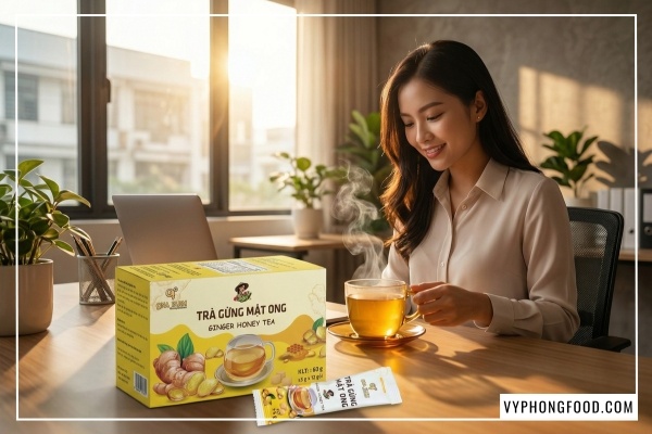 Nhân viên văn phòng tận hưởng công dụng của trà gừng với mật ong vào buổi sáng để tăng tập trung.
