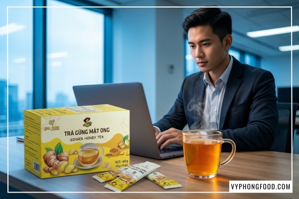 Nhân viên văn phòng tận hưởng công dụng của trà gừng với mật ong vào buổi sáng để tăng tập trung.