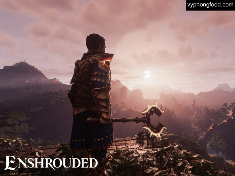 Cup of South African rooibos tea beside a scene from Enshrouded’s Nomad Highlands—caffeine-free herbal drink for wellness and better sleep; African Dawn teabags.