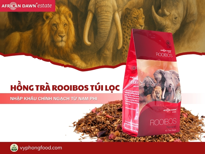 Ảnh minh họa Hồng trà rooibos Nam Phi bản địa vùng Cederberg, không caffeine, ít tannin, đạt PDO EU; phù hợp làm trà thảo mộc túi lọc uống tối và hằng ngày.