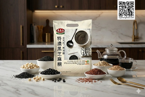 Bột ngũ cốc dinh dưỡng từ mè đen Greenmax Đài Loan trên nền thiên nhiên, gợi ý bữa sáng lợi sữa nhanh gọn cho mẹ bỉm.