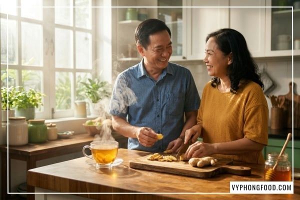 Hình ảnh minh họa công dụng của trà gừng với mật ong và cách pha trà gừng mật ong gói QNA Farm tại văn phòng chỉ trong 2 phút