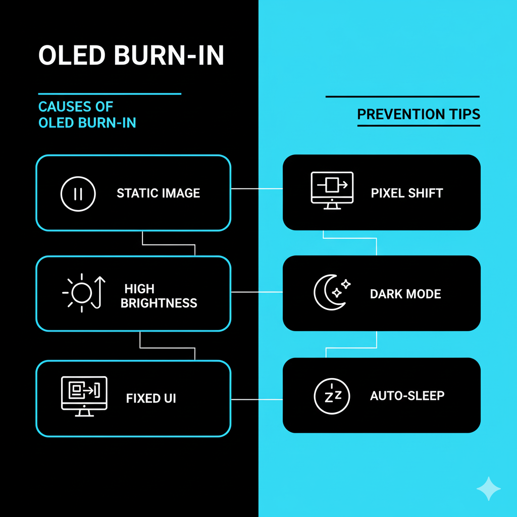 Infographic mô tả nguyên nhân gây burn-in trên màn hình OLED và các giải pháp phòng tránh như Pixel Shift, Dark Mode, chế độ nghỉ tự động – hướng dẫn bảo vệ màn hình hiệu quả do Tech Phương Đông biên soạn.